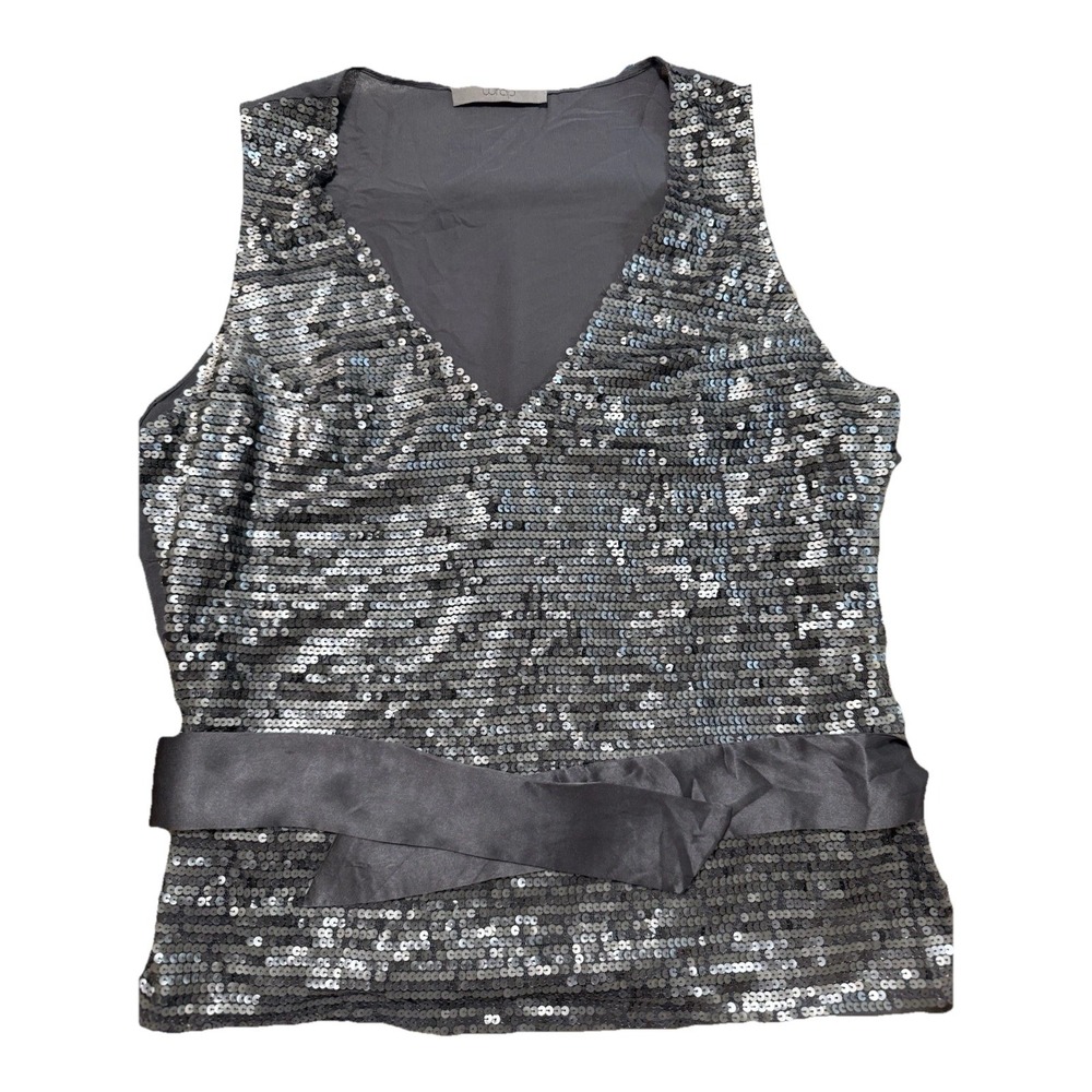 WRAP Evening Blouse‎ Sequin Silver Gray Satin Sash Belt Size Medium Disco Glam